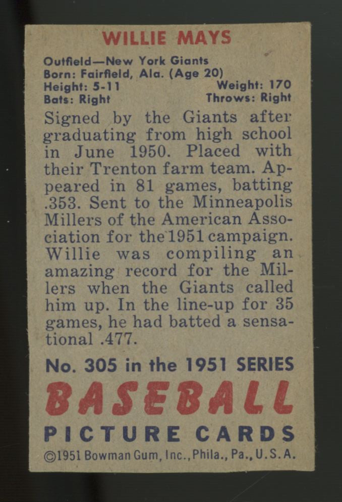 1951 Bowman Willie Mays #305 Trimmed/Authentic
