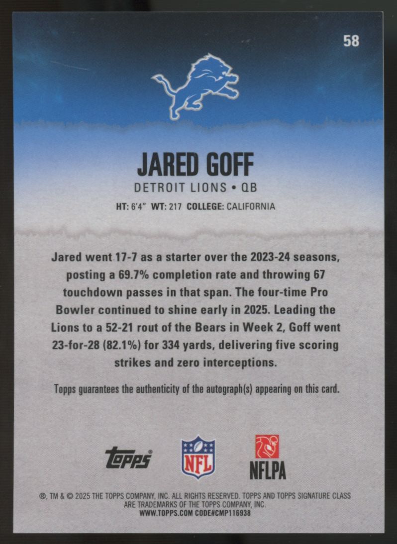 2025 Topps Signature Class Jared Goff Veteran Chrome Auto Orange /50 #58