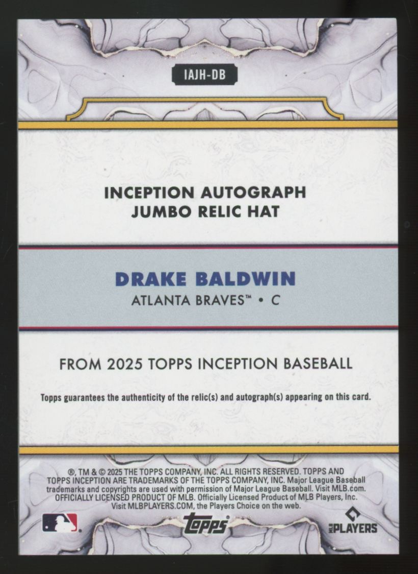 2025 Topps Inception Drake Baldwin RC Jumbo MLB Logo Hat Patch Auto RPA /5