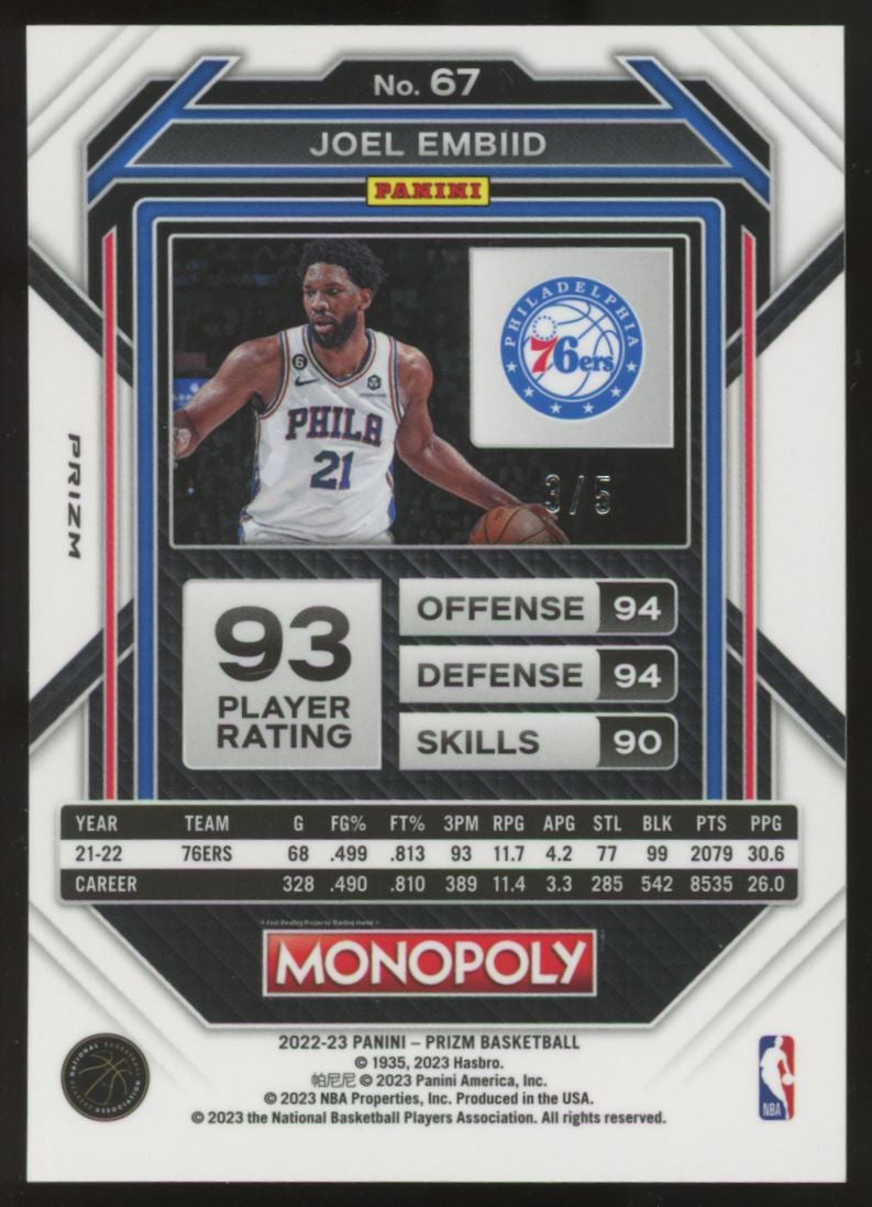 2022-23 Prizm Monopoly Joel Embiid Black Gold /5 #67