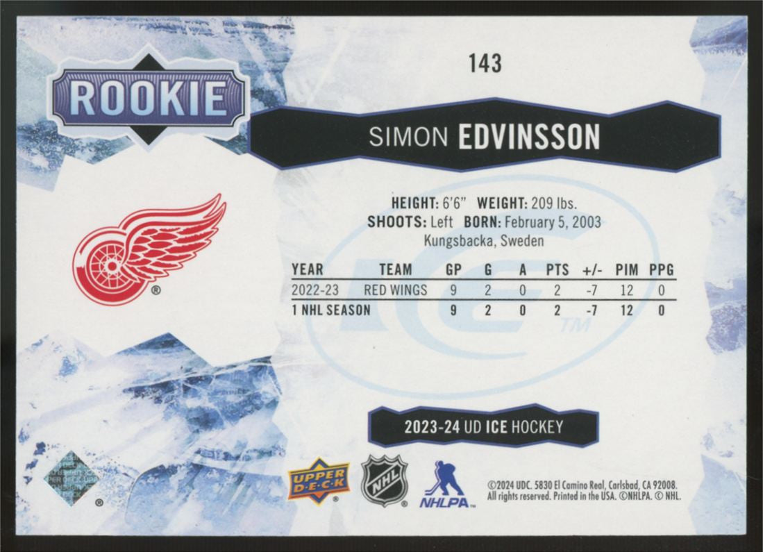 2023-24 Upper Deck Ice Hockey Simon Edvinsson RC Greyscale /99 #143