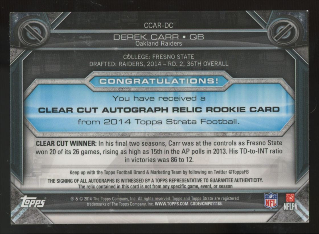 2014 Topps Strata Derek Carr RC Clear Cut Patch Auto RPA Blue /75 #CCAR-DC