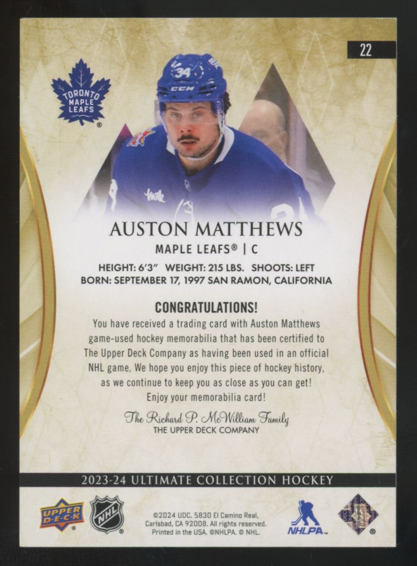 2023-24 Upper Deck Ultimate Auston Matthews Jumbo Jersey Patch /149 #22