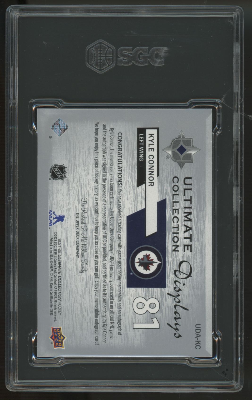 2021-22 UD Ultimate Kyle Connor Displays Patch Auto /65 #UDA-KC SGC 8.5 10
