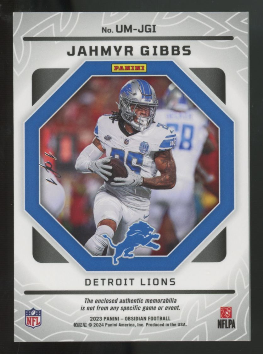 2023 Obsidian Jahmyr Gibbs RC Unbreakable Blue Electric Etch Shield Patch 1/1