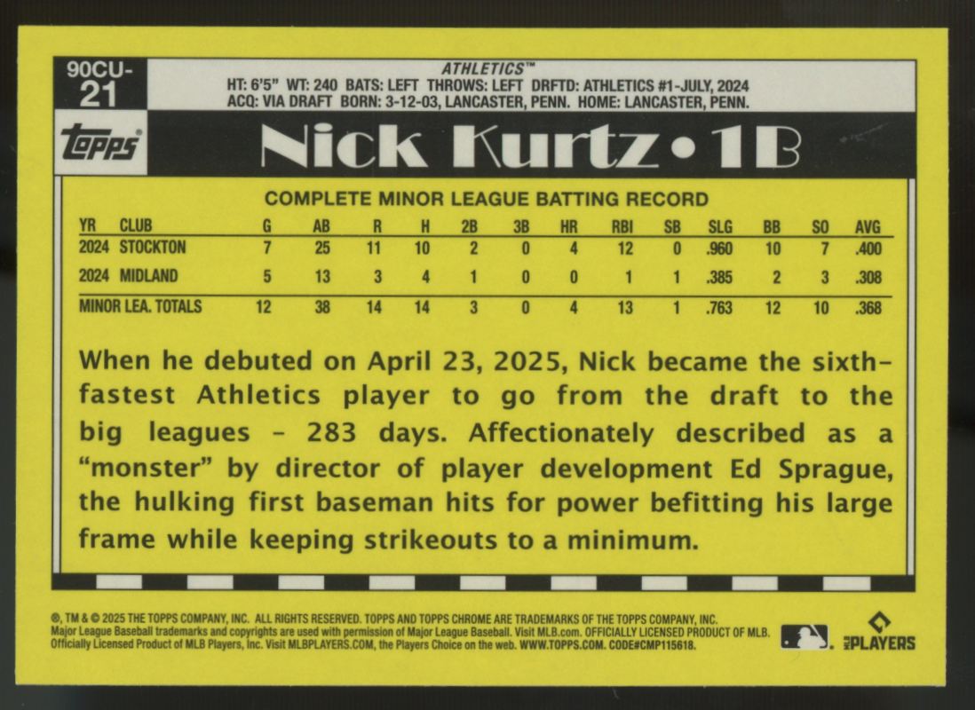 2025 Topps Chrome Update Nick Kurtz RC 1990 Green Refractor /99 #90CU-21
