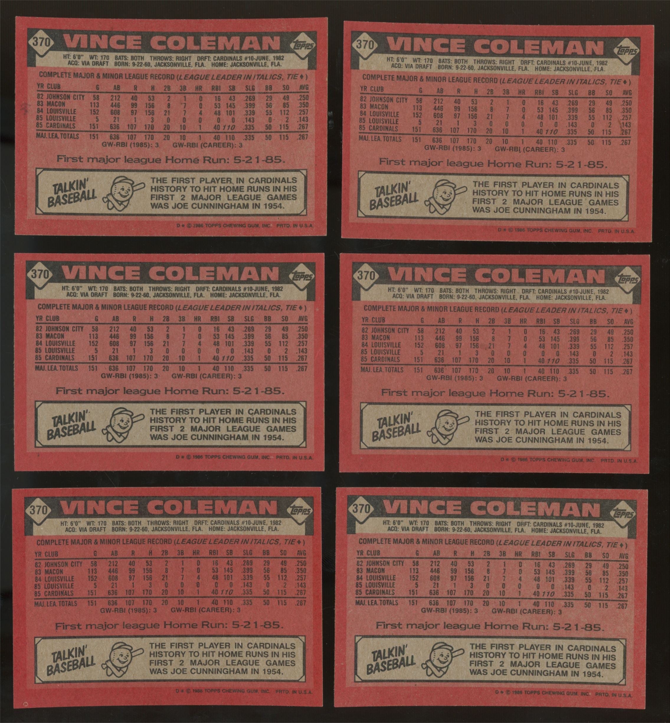 1986 Topps Vince Coleman #370 (Lot of 42)
