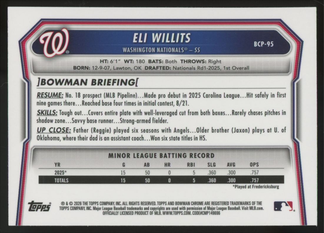2026 Bowman Chrome Mega Eli Willits Blue Prospect /150 #BCP-95