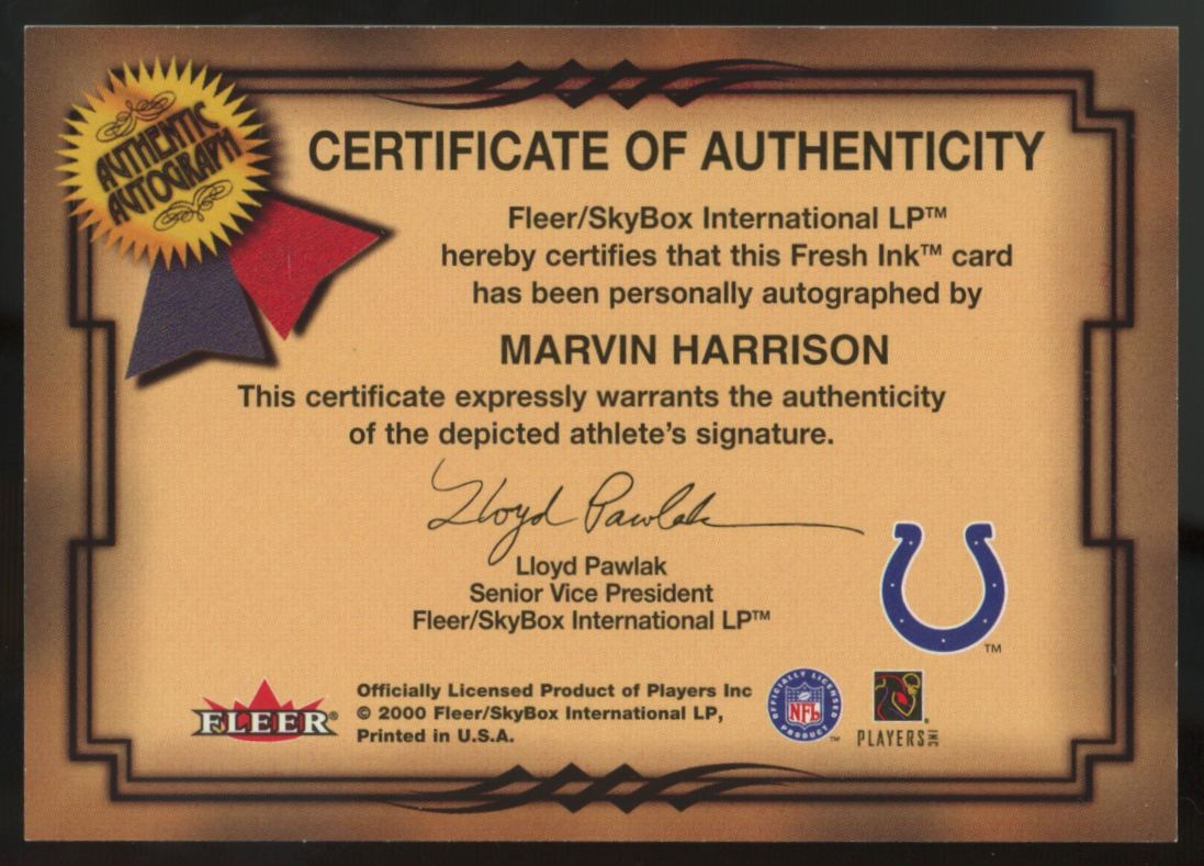 2000 Fleer Tradition Marvin Harrison Autographics Auto