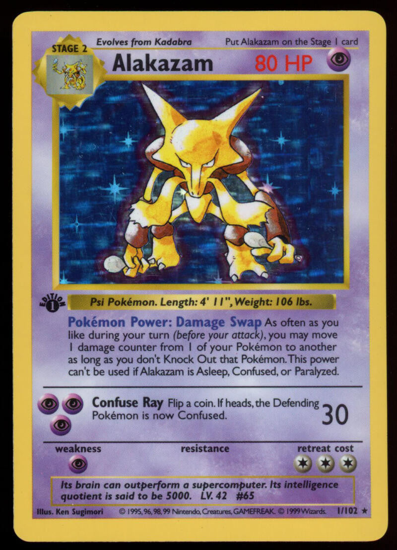 1999 Pokemon Shadowless Alakazam Base Set 1st Edition Holofoil LP 1/102 ID: 11868