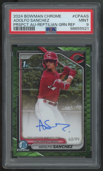 2024 Bowman Chrome Adolfo Sanchez 1st Prospect Reptilian Green Auto /99 PSA 9