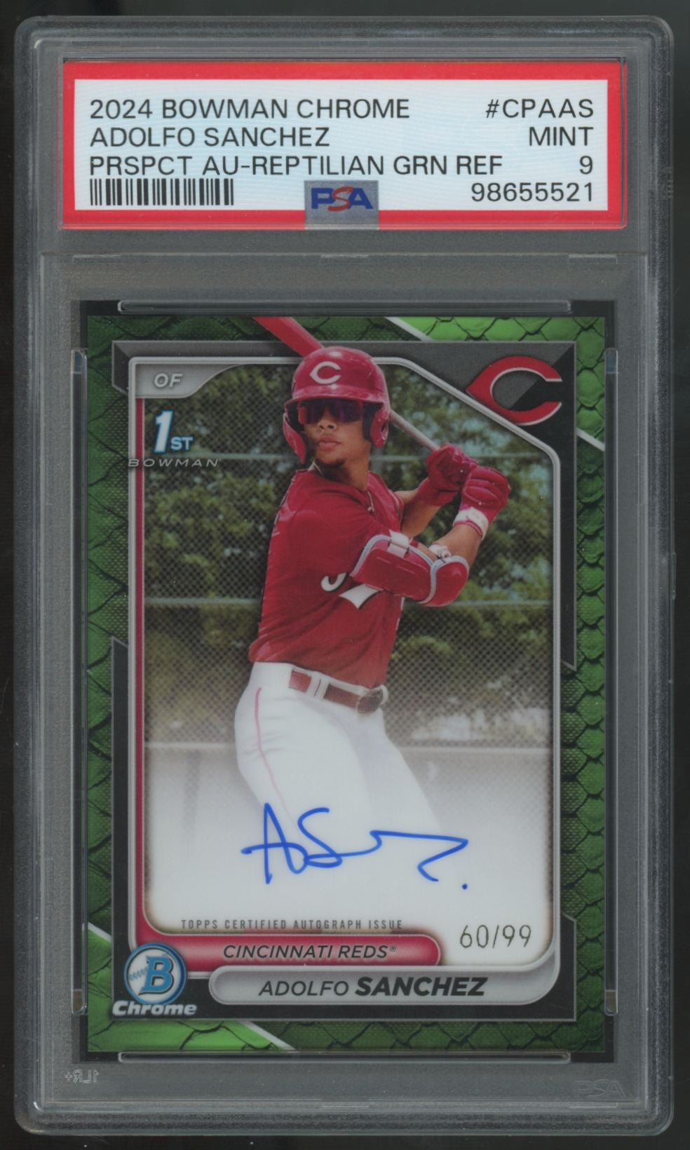 2024 Bowman Chrome Adolfo Sanchez 1st Prospect Reptilian Green Auto /99 PSA 9