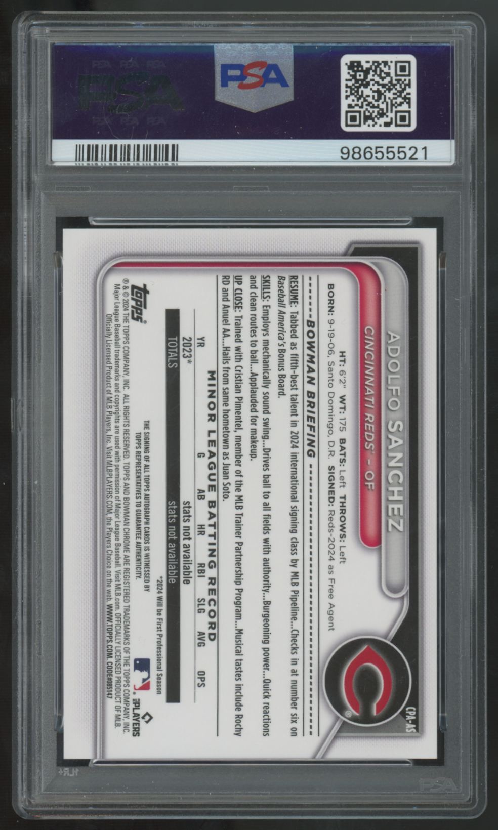 2024 Bowman Chrome Adolfo Sanchez 1st Prospect Reptilian Green Auto /99 PSA 9