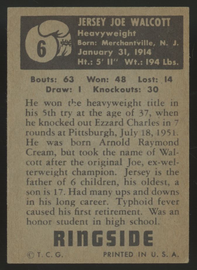 1951 Topps Ringside Jersey Joe Walcott #6 VG-EX