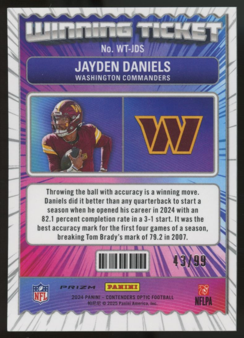 2024 Contenders Optic Jayden Daniels RC Winning Ticket Blue Prizm /99 #WT-JDS