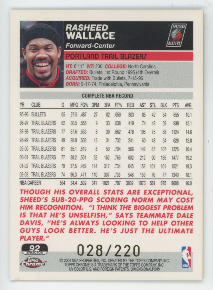 2003-04 Topps Chrome Rasheed Wallace X-Fractor /220 #92