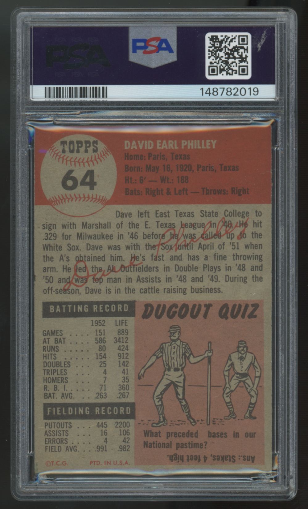 1953 Topps Dave Philley #64 PSA 6