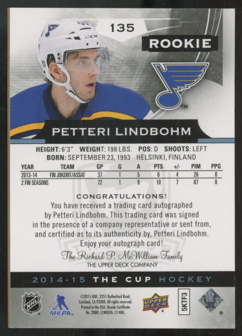 2014-15 Upper Deck The Cup Petteri Lindbohm RC Gold Auto /25 #135