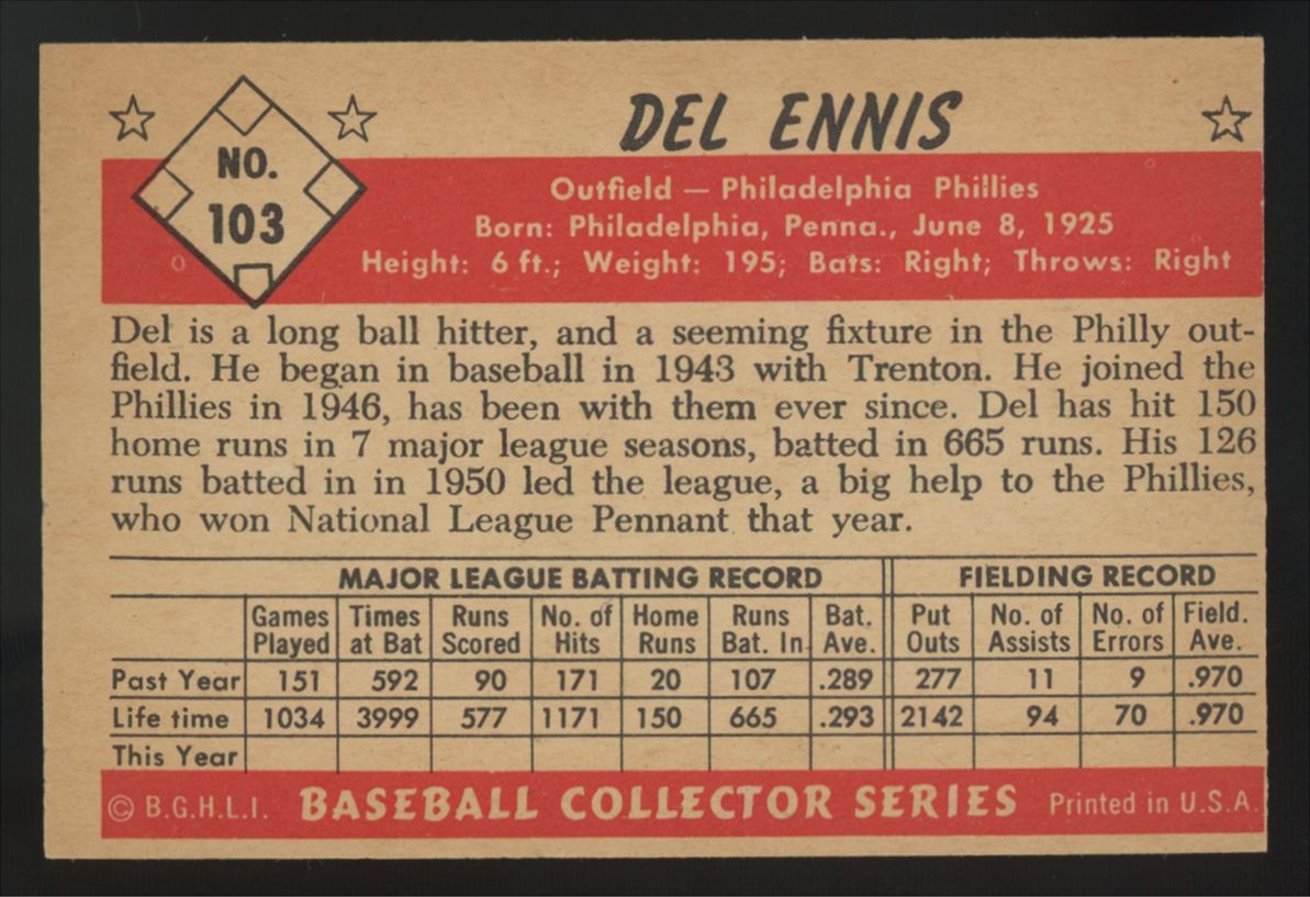 1953 Bowman Color Del Ennis #103 VG/EX
