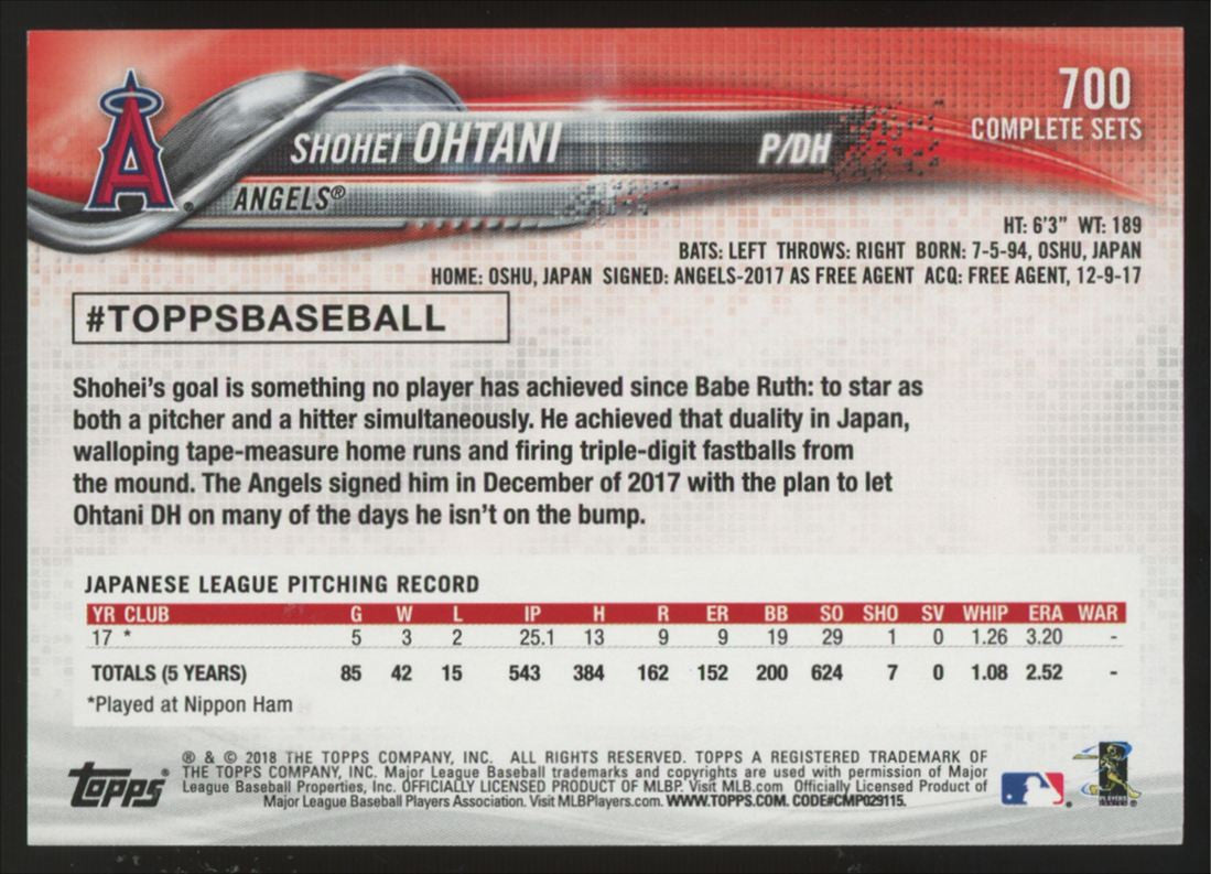 2018 Topps Complete Sets Shohei Ohtani RC #700 "A"