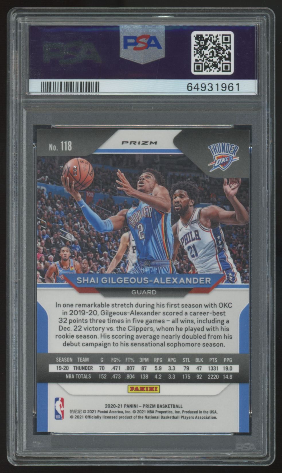 2020-21 Panini Prizm Shai Gilgeous-Alexander Lucky Envelopes /8 #118 PSA 10