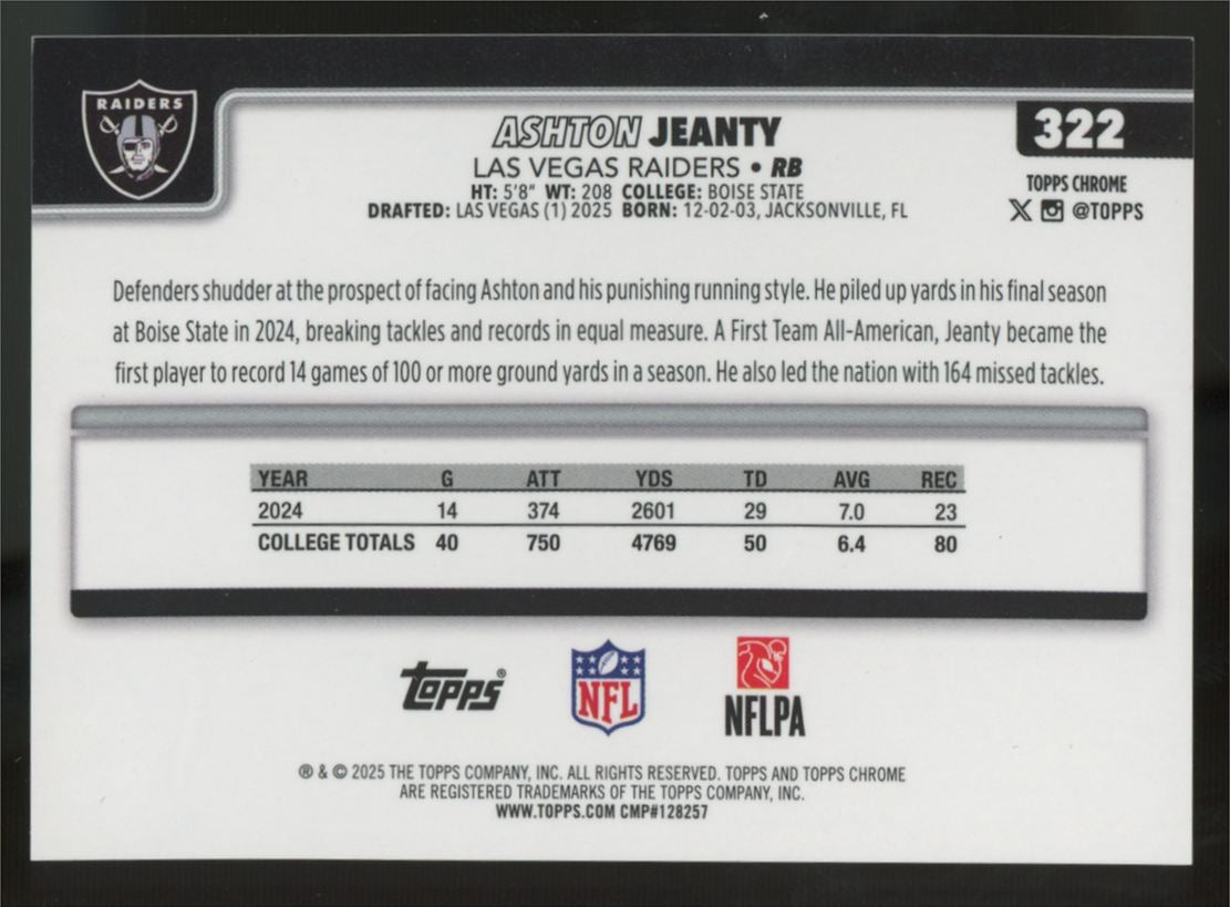 2025 Topps Chrome Ashton Jeanty RC Gold Refractor /50 #322