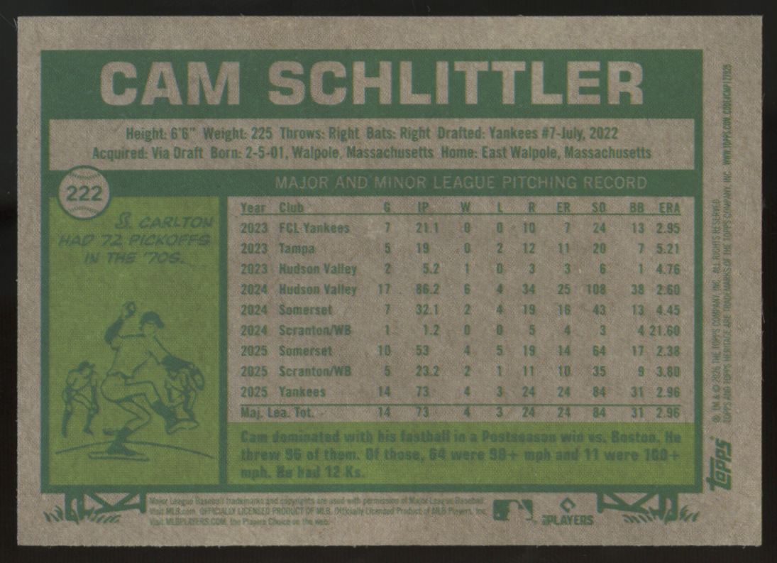 2026 Topps Heritage Cam Schlittler RC Blue Sparkle #222