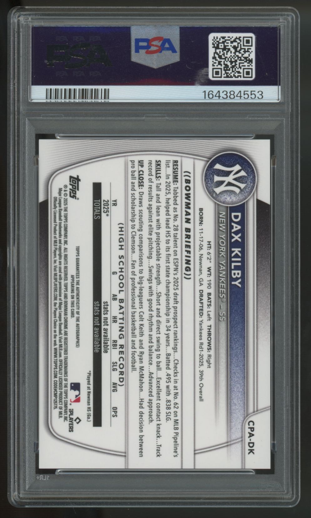 2025 Bowman Chrome Draft Dax Kilby 1st Prospect Auto #CPA-DK PSA 9 10