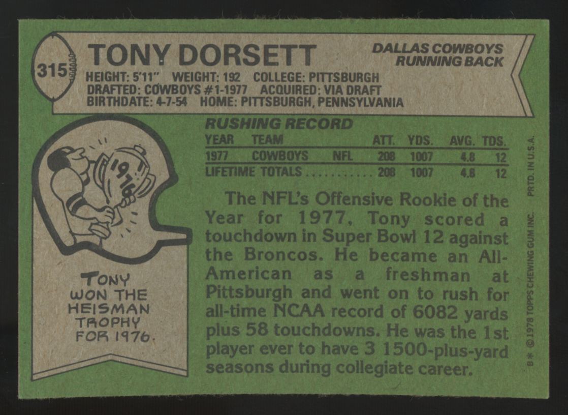 1978 Topps Tony Dorsett RC #315 EX "A"