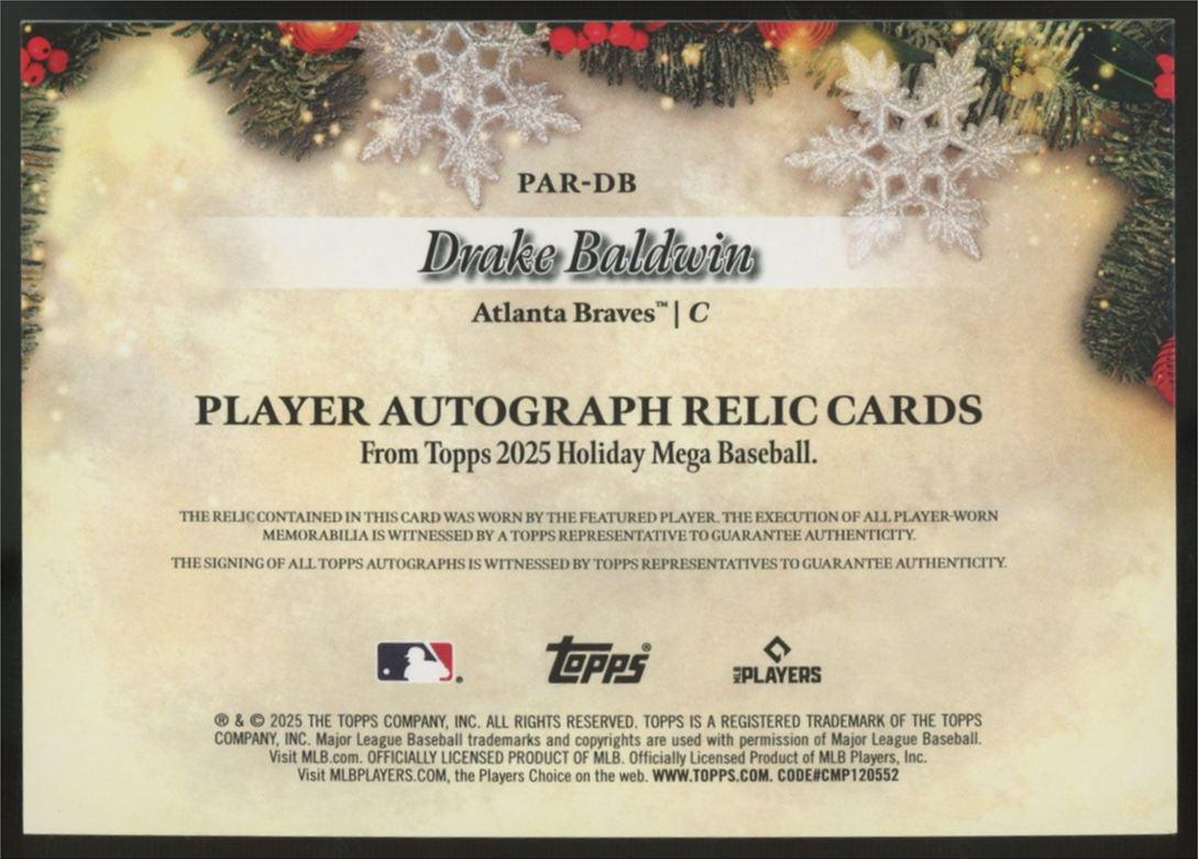 2025 Topps Holiday Mega Drake Baldwin RC Patch Auto RPA/50 #PAR-DB