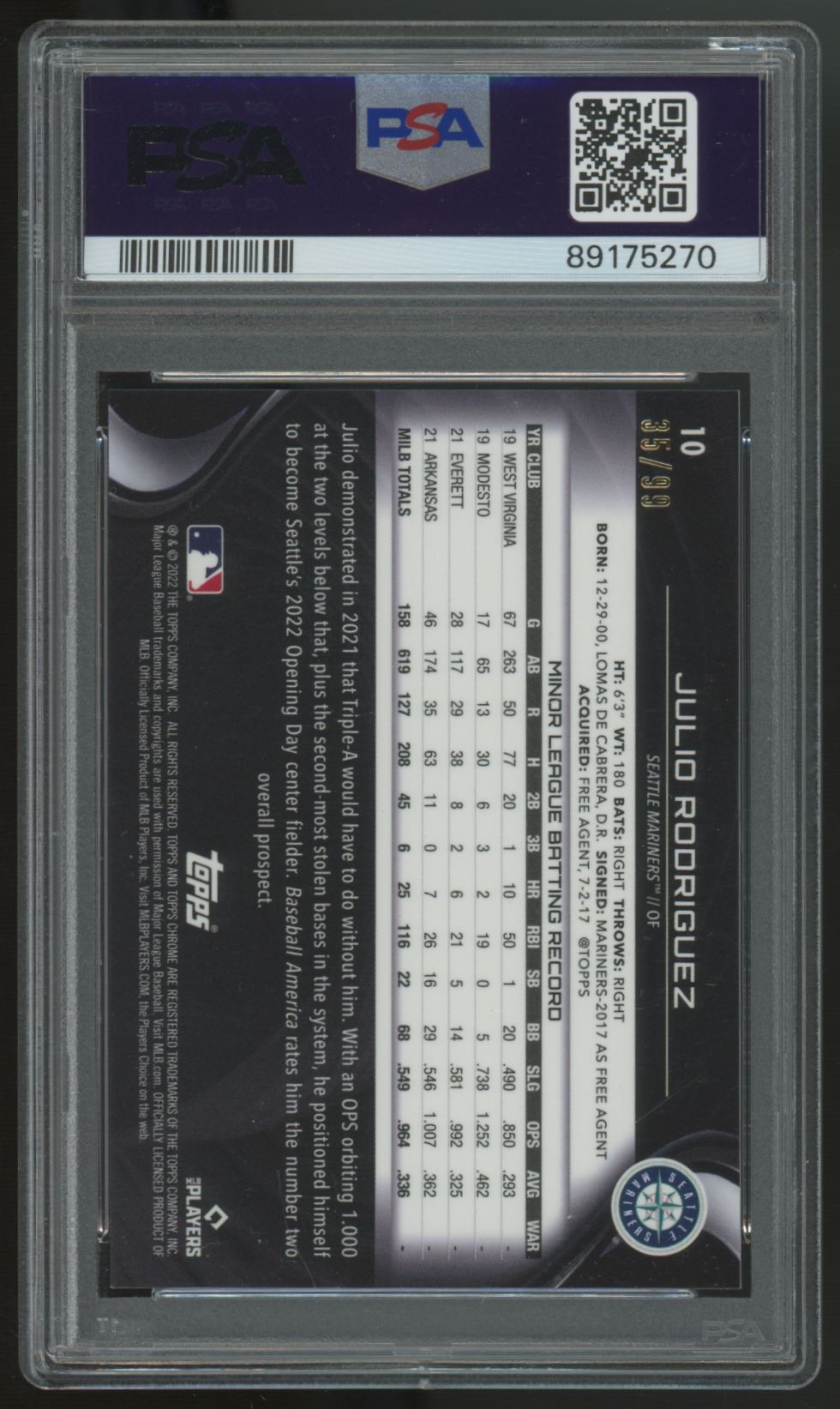 2022 Topps Chrome Black Julio Rodriguez RC Green Atomic Refractor /99 #10 PSA 10