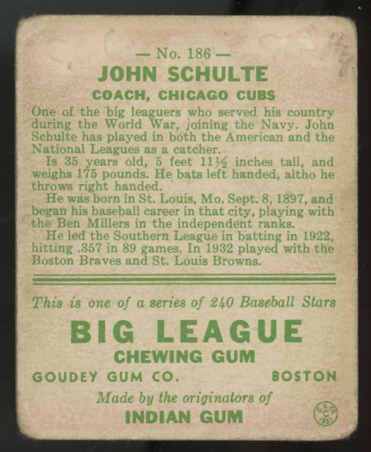1933 Goudey John Schulte #186 Poor