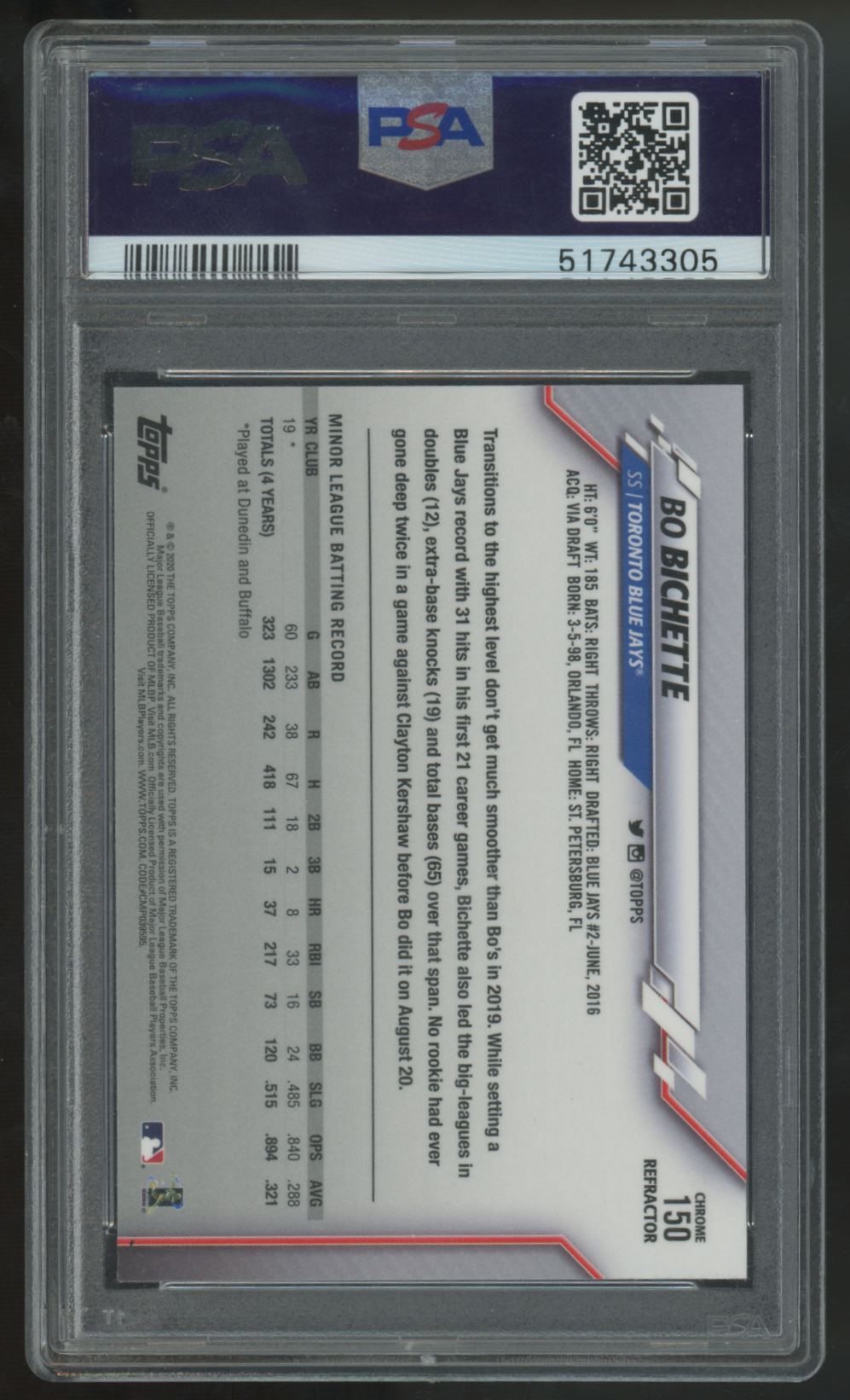 2020 Topps Chrome Bo Bichette RC X-Fractor #150 PSA 10