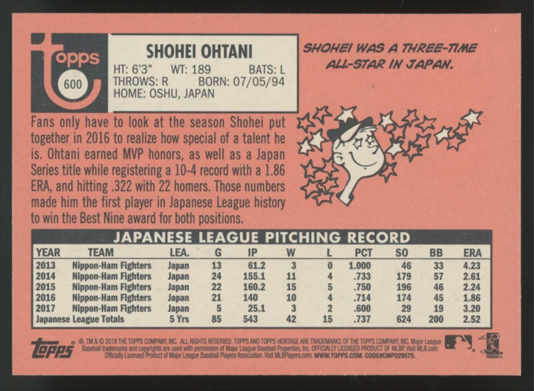 2018 Topps Heritage Shohei Ohtani RC High Number #600