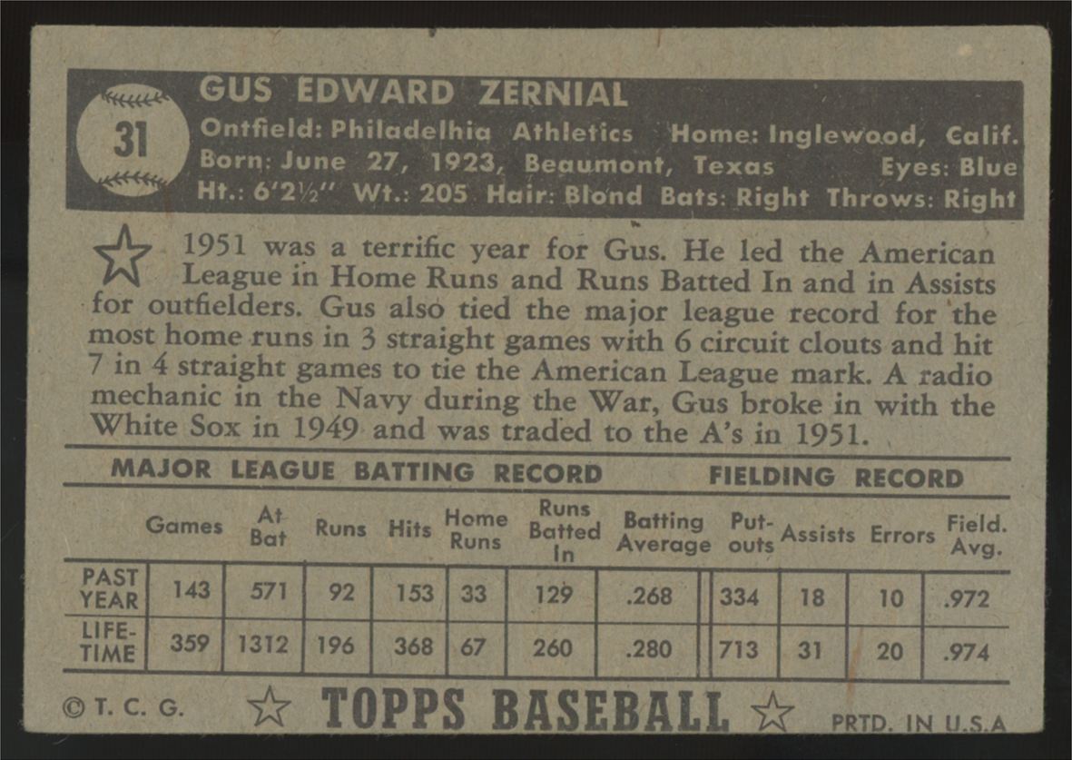 1952 Topps Gus Zernial Black Back #31 Good