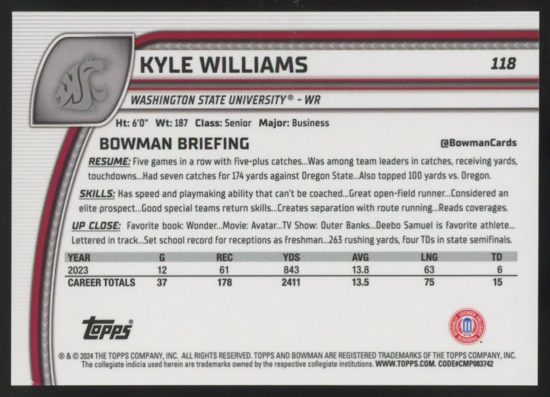 2024 Bowman Best University Kyle Williams 1st Orange Sapphire /25 #118
