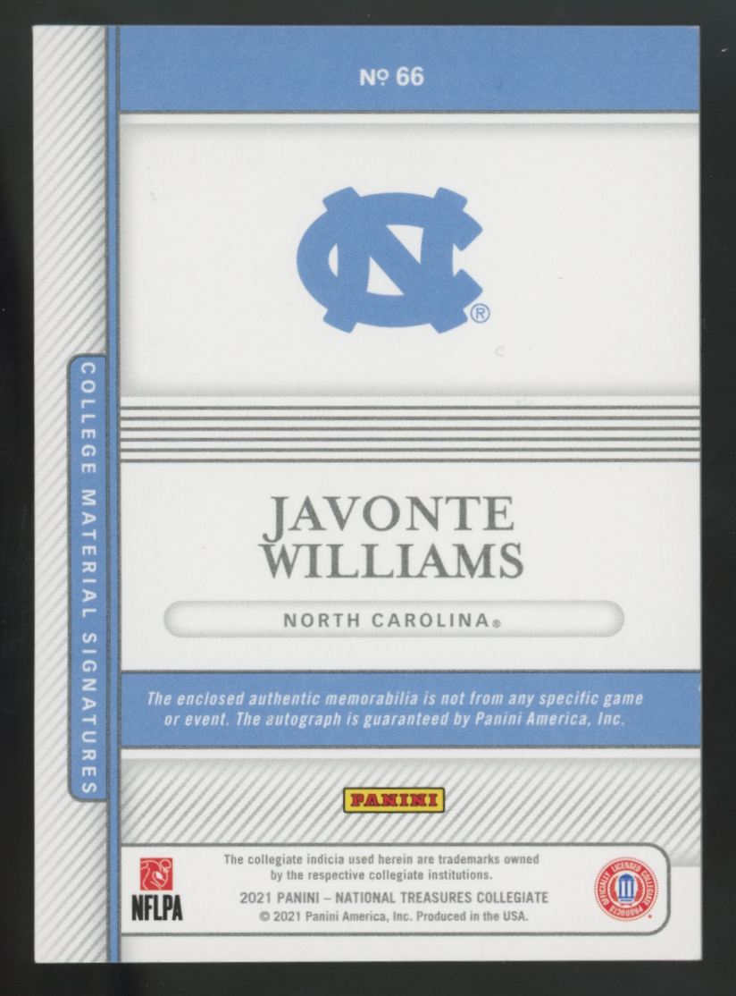 2021 National Treasures Collegiate Javonte Williams RC Patch Auto RPA /10