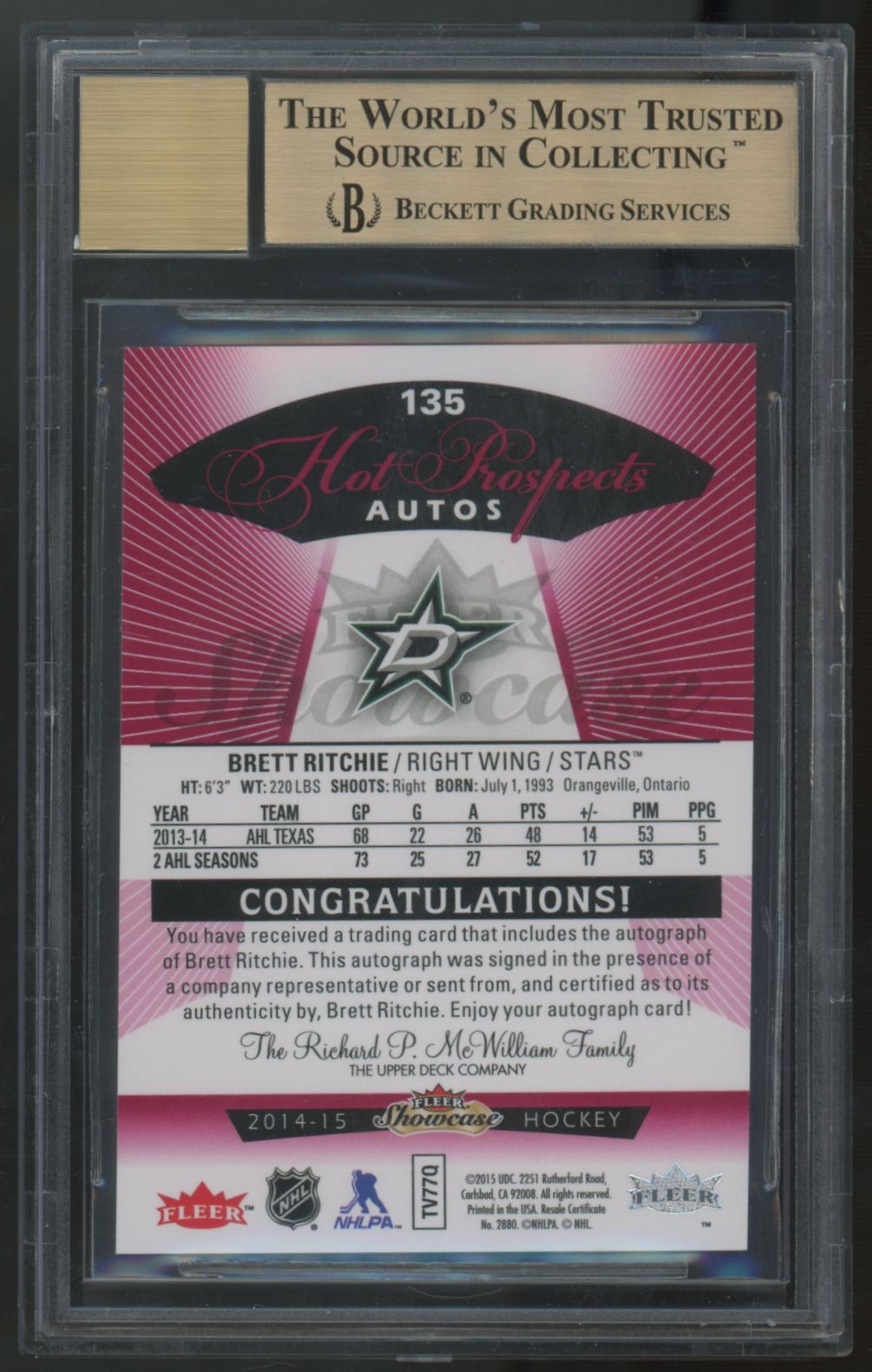 2014-15 Fleer Showcase Brett Ritchie Red Glow Hot Prospects Auto /27 BGS 9.5 10