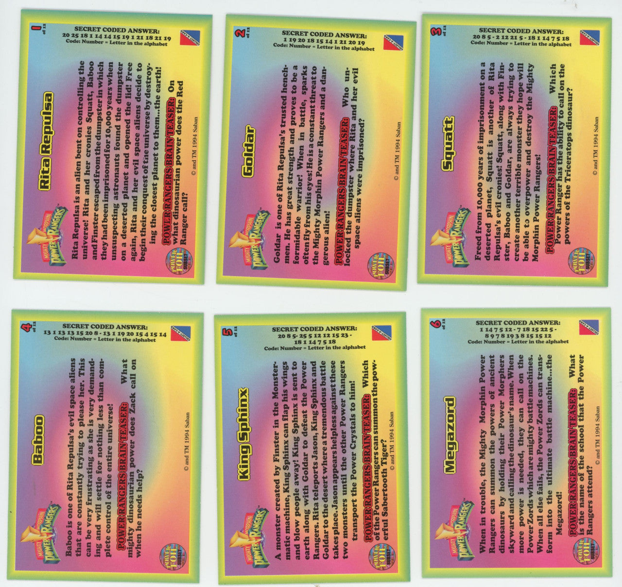 1994 Saban Power Rangers Power Foil Subset Near Complete (11/12) NM