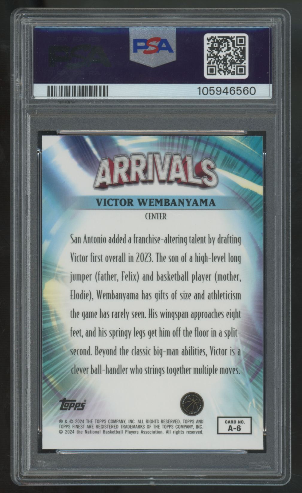 2023-24 Topps Finest Victor Wembanyama RC Arrivals Blue Refractor /150 PSA 10