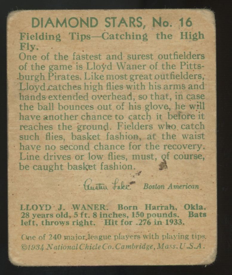 1934 National Chicle Lloyd Waner Diamond Stars #16 F/G