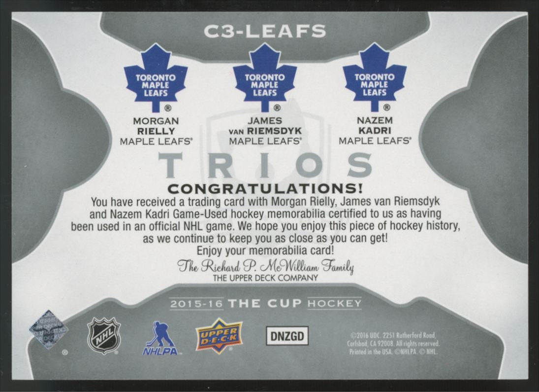 2015-16 Upper Deck The Cup Rielly/ Van Riemsdyk/ Kadri Trios Patch /40 #C3-LEAFS