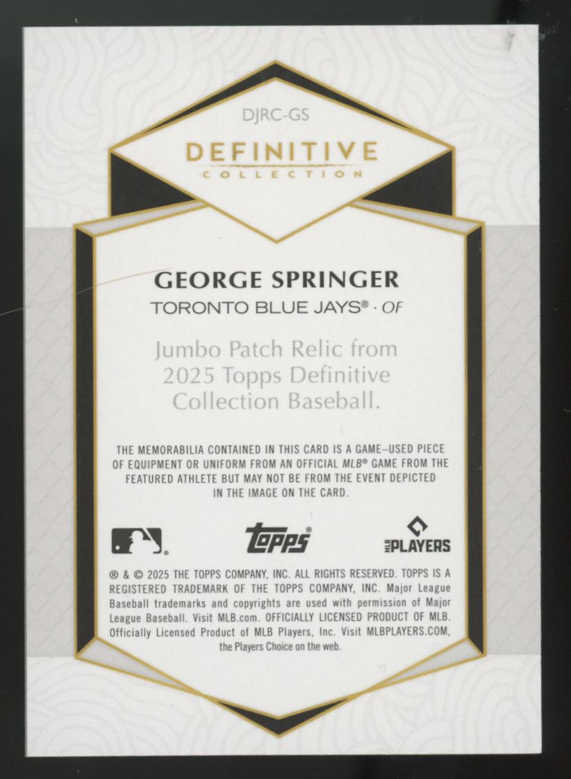2025 Topps Definitive George Springer Orange Jumbo Patch Relic /25 #DJRC-GS