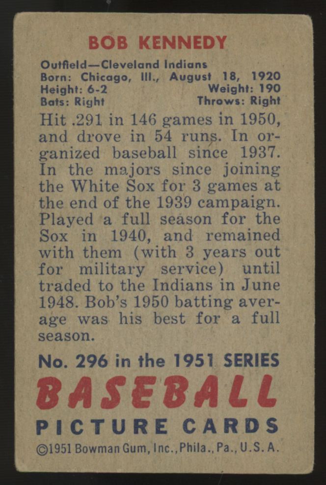 1951 Bowman Bob Kennedy #296 VG