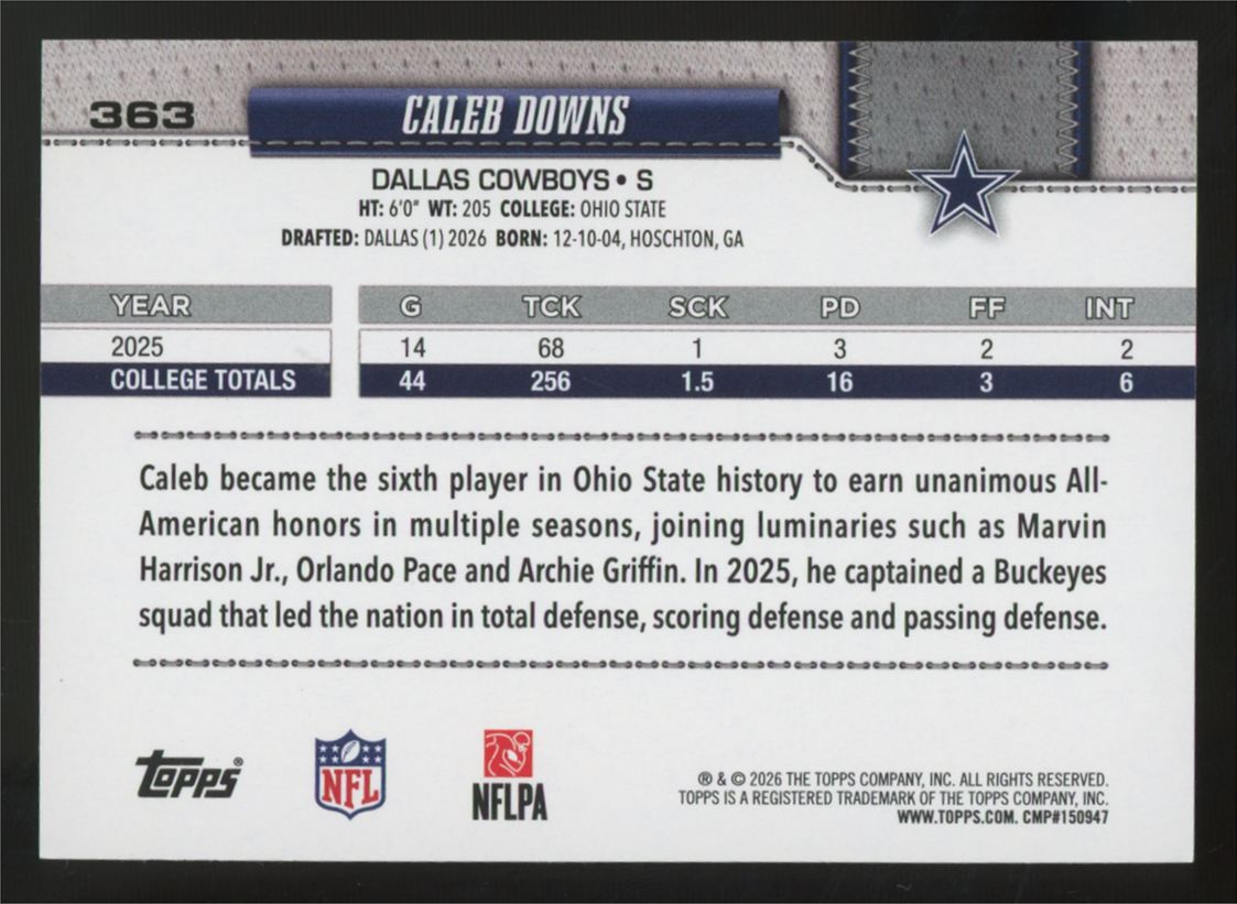 2026 Topps Flagship Caleb Downs RC Team Color Border SSP #363