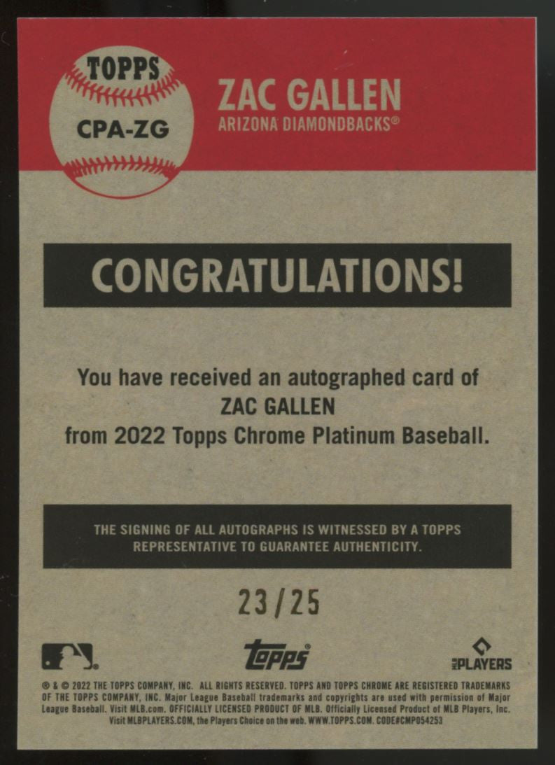 2022 Topps Chrome Platinum Anniversary Zac Gallen Auto Orange /25 #CPA-ZG