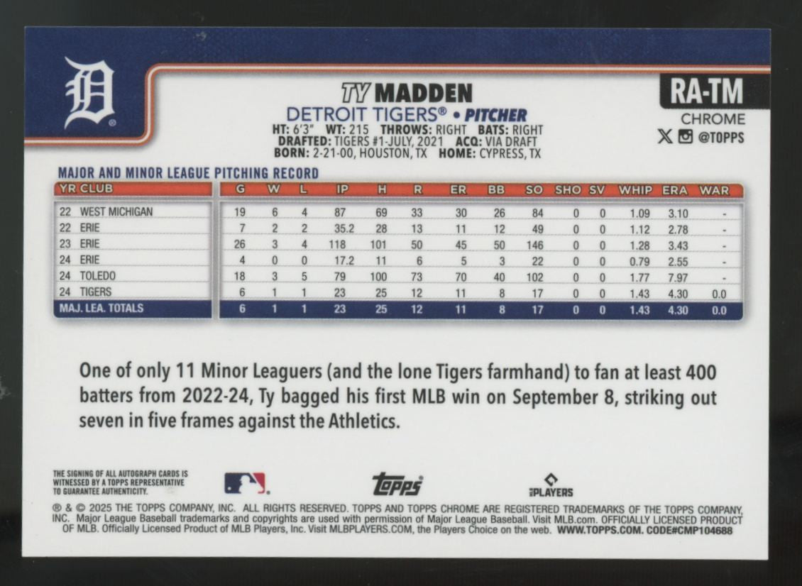 2025 Topps Chrome Ty Madden RC Orange Wave Auto /25 #RA-TM