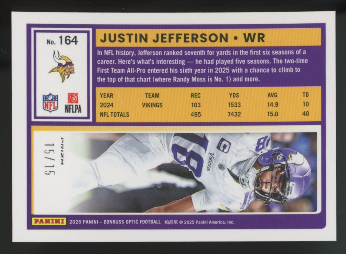 2025 Panini Donruss Optic Justin Jefferson Neon Yellow Prizm /15 #164