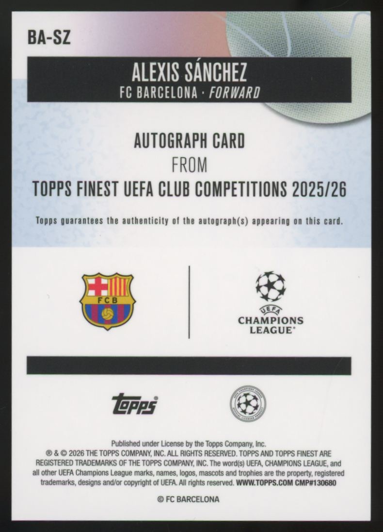 2025-26 Topps Finest UEFA Club Alexis Sanchez Pink Refractor Auto /250 #BA-SZ