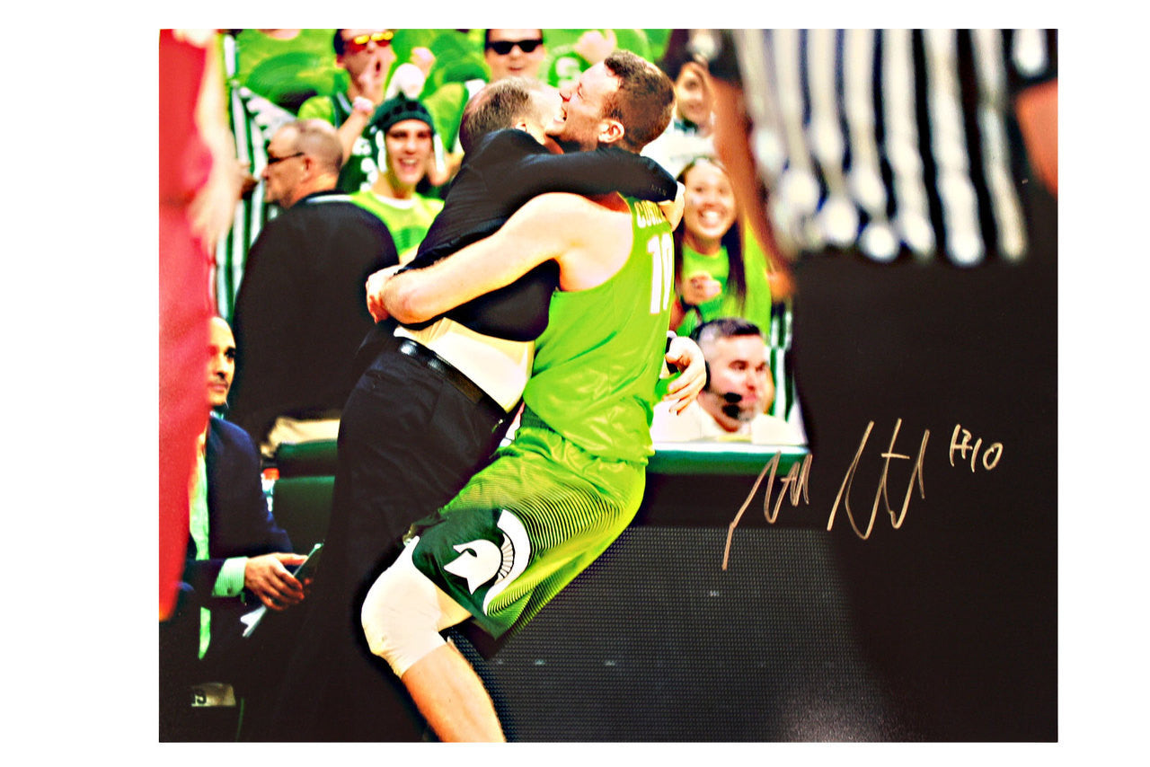 Matt Costello Hugging Tom Izzo Autographed Vertical 16x20 Photo